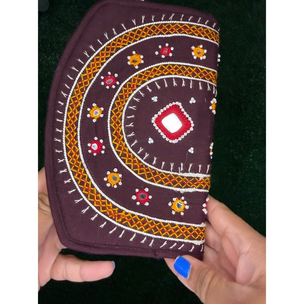 Indian Hand Embroidered Burgundy Mirror Work Beaded Boho Clutch Wallet